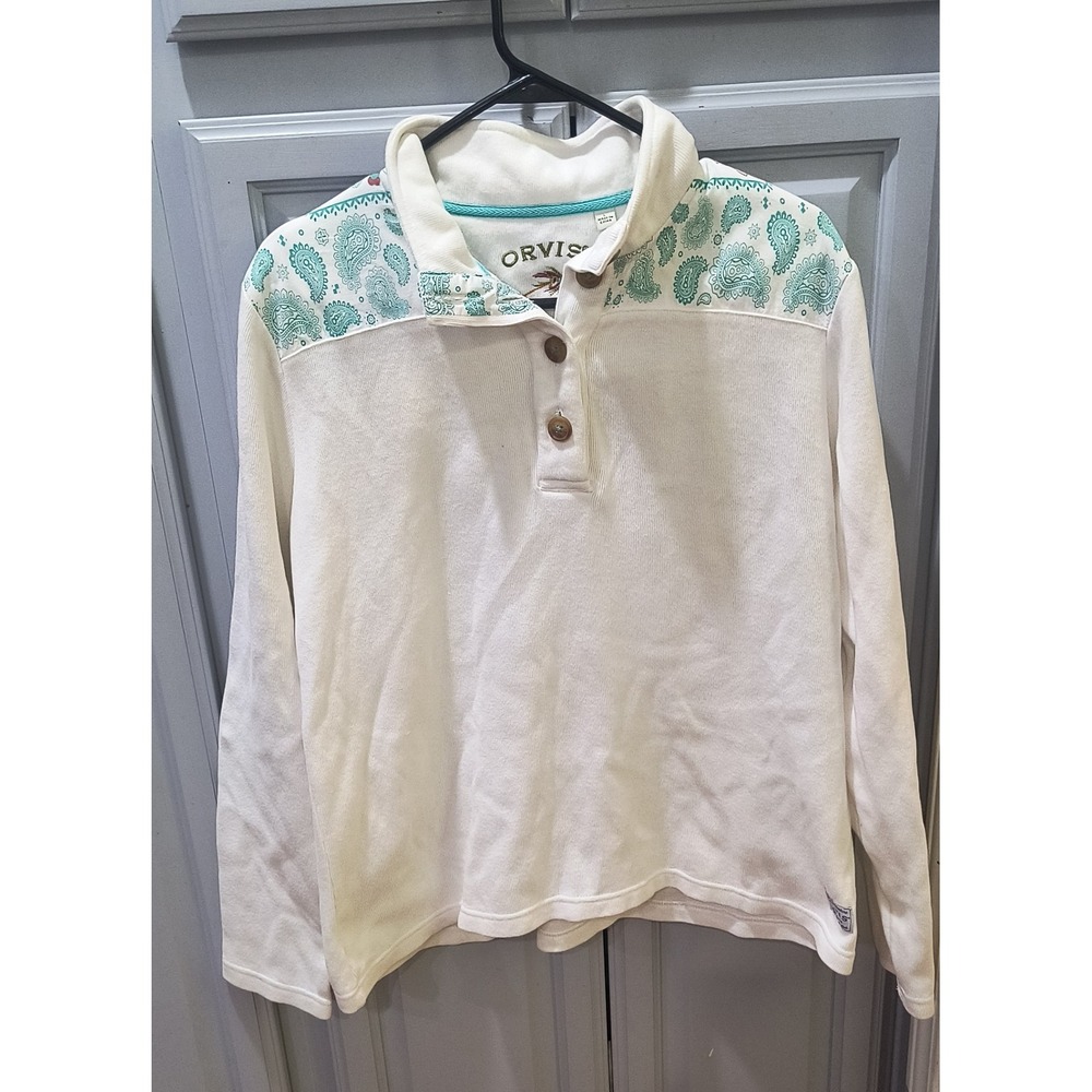 Orvis Womens Button Mock Neck Pullover Sweatshirt White Teal Paisley Large L